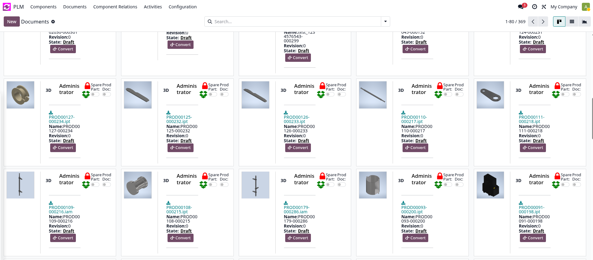 OdooPLM document kanban — 3D thumbnails in Odoo